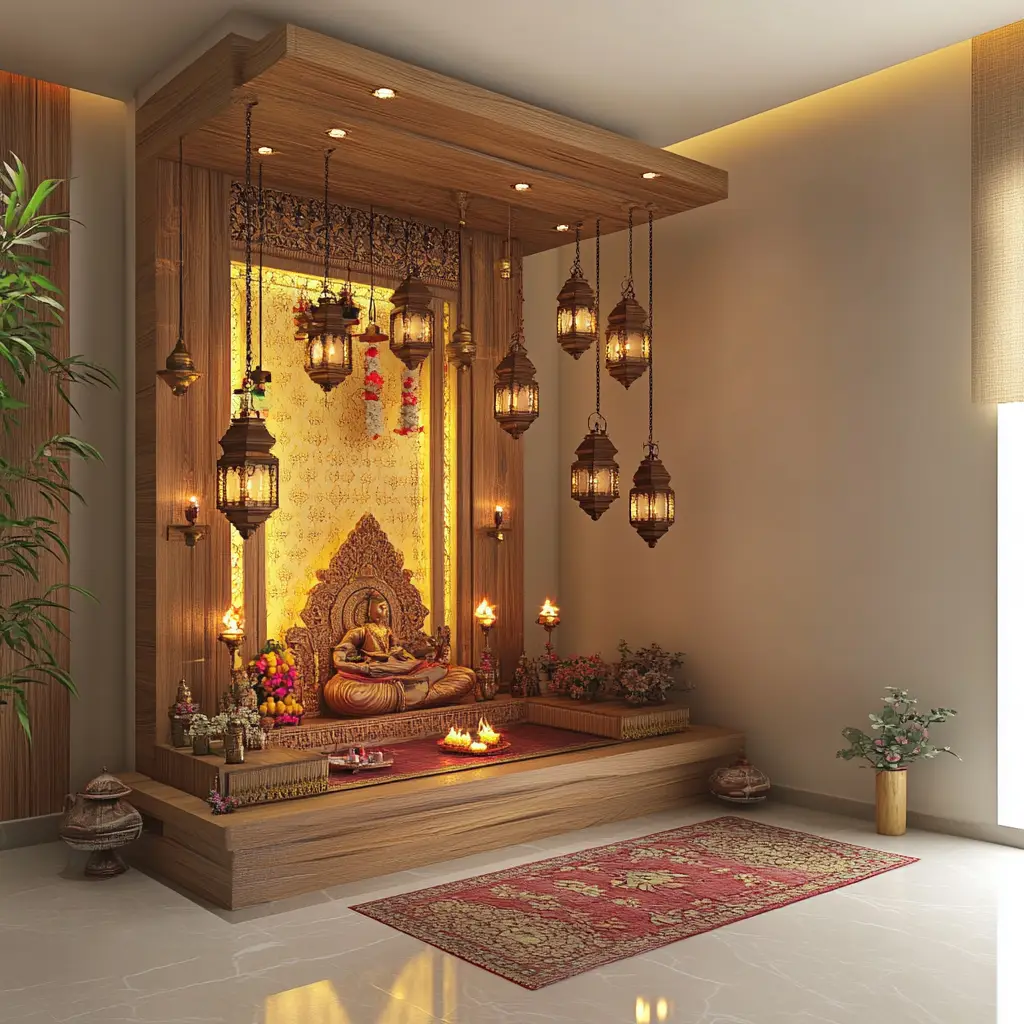 Mandir with Hanging Diyas or Lanterns