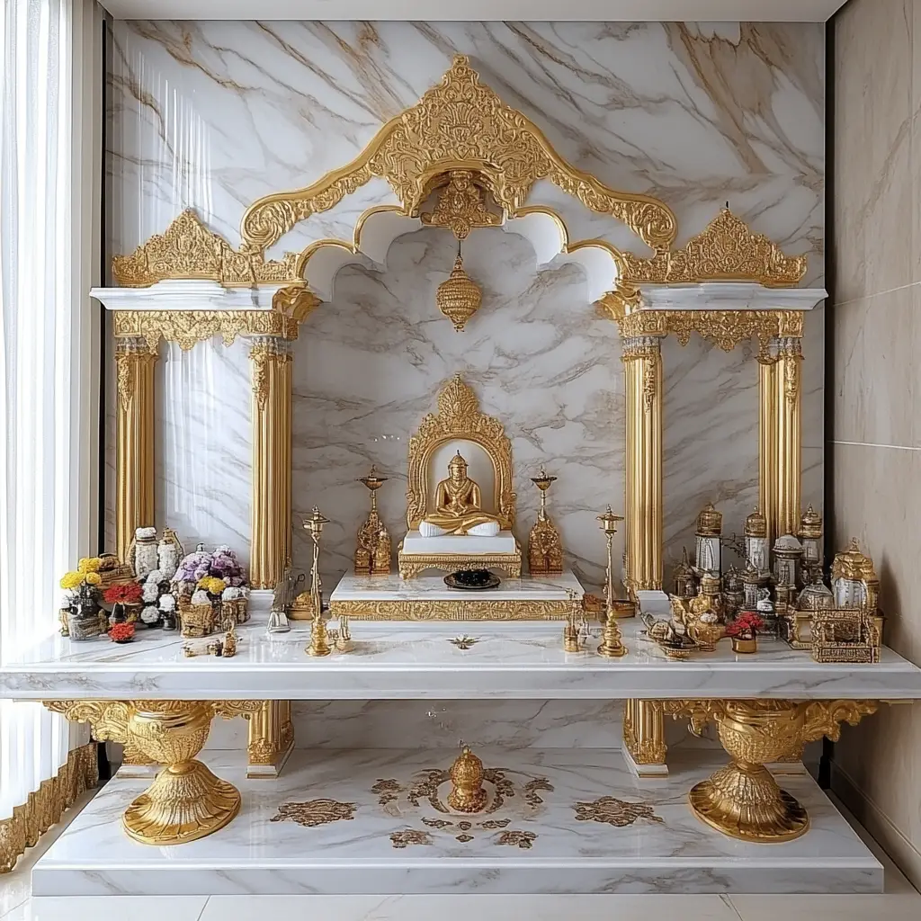 Marble Mandir with Gold Accents