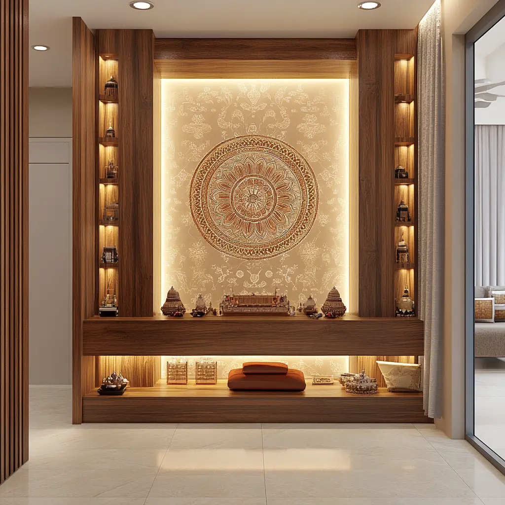 Open Shelf Unit with Mandala Backdrop