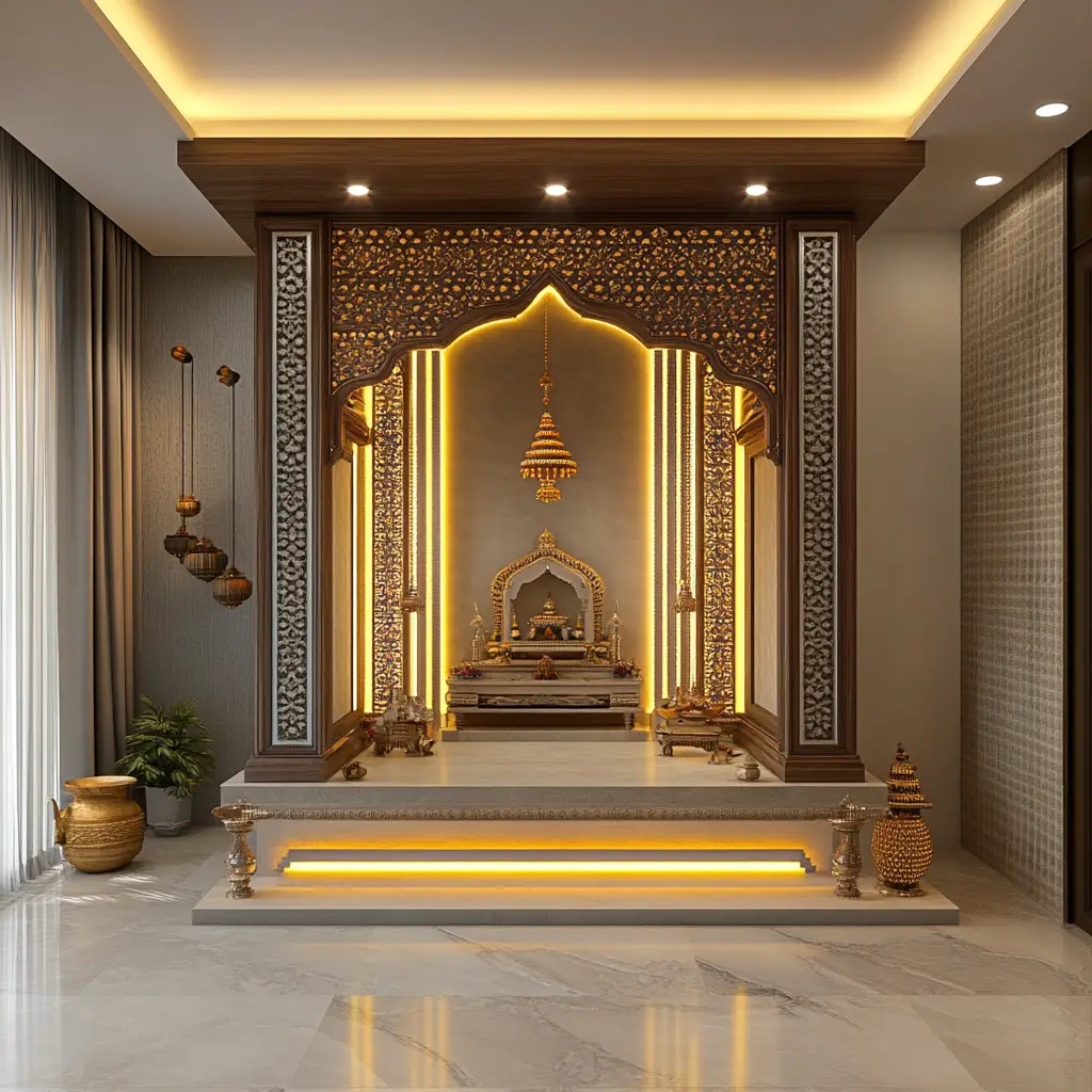 Temple-Style Mandir with LED Lighting