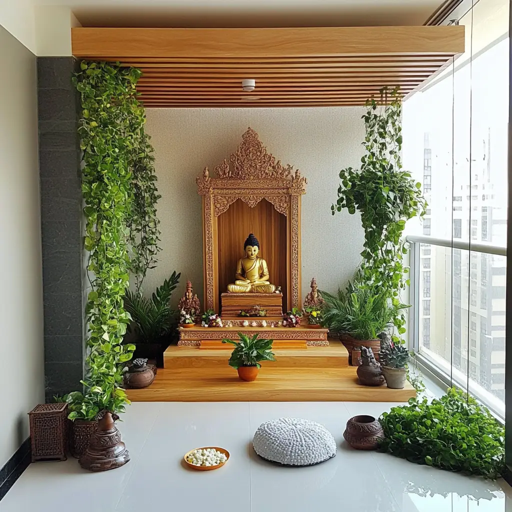 Zen-Style Mandir with Plants