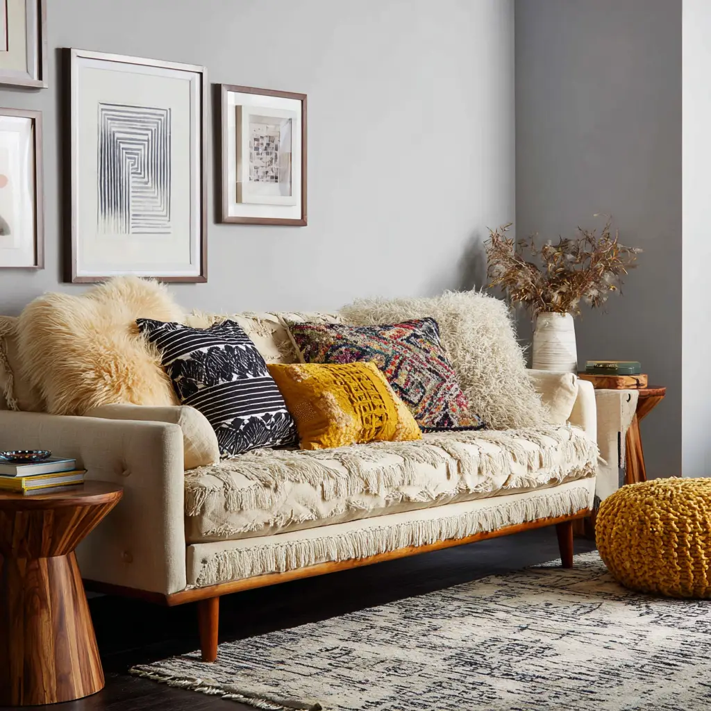 Boho-Style Sofa with Textured Layers