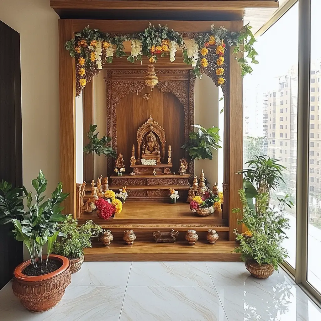 Corner Pooja Setup with Wooden Backdrop