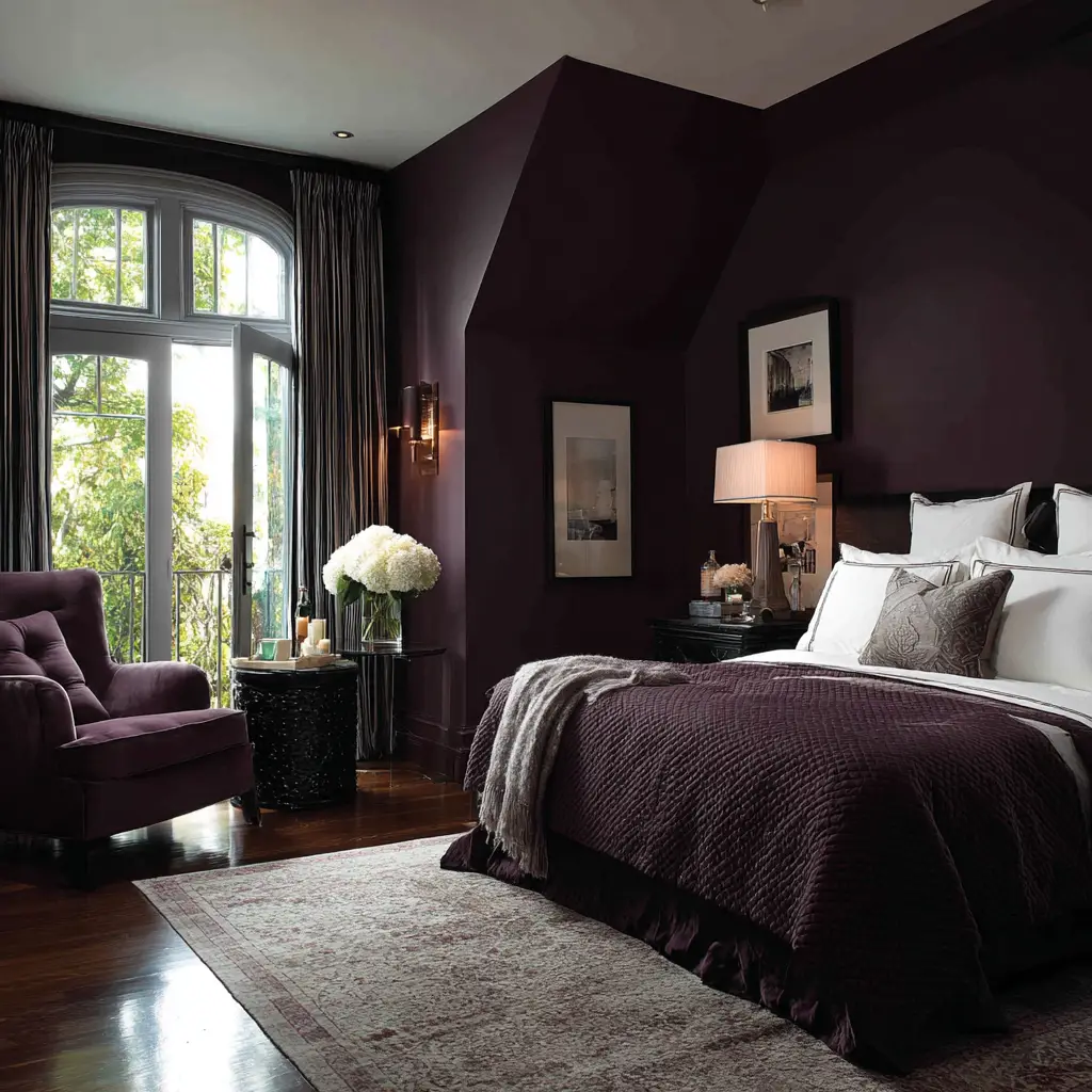 Dark Plum Walls in a Guest Room