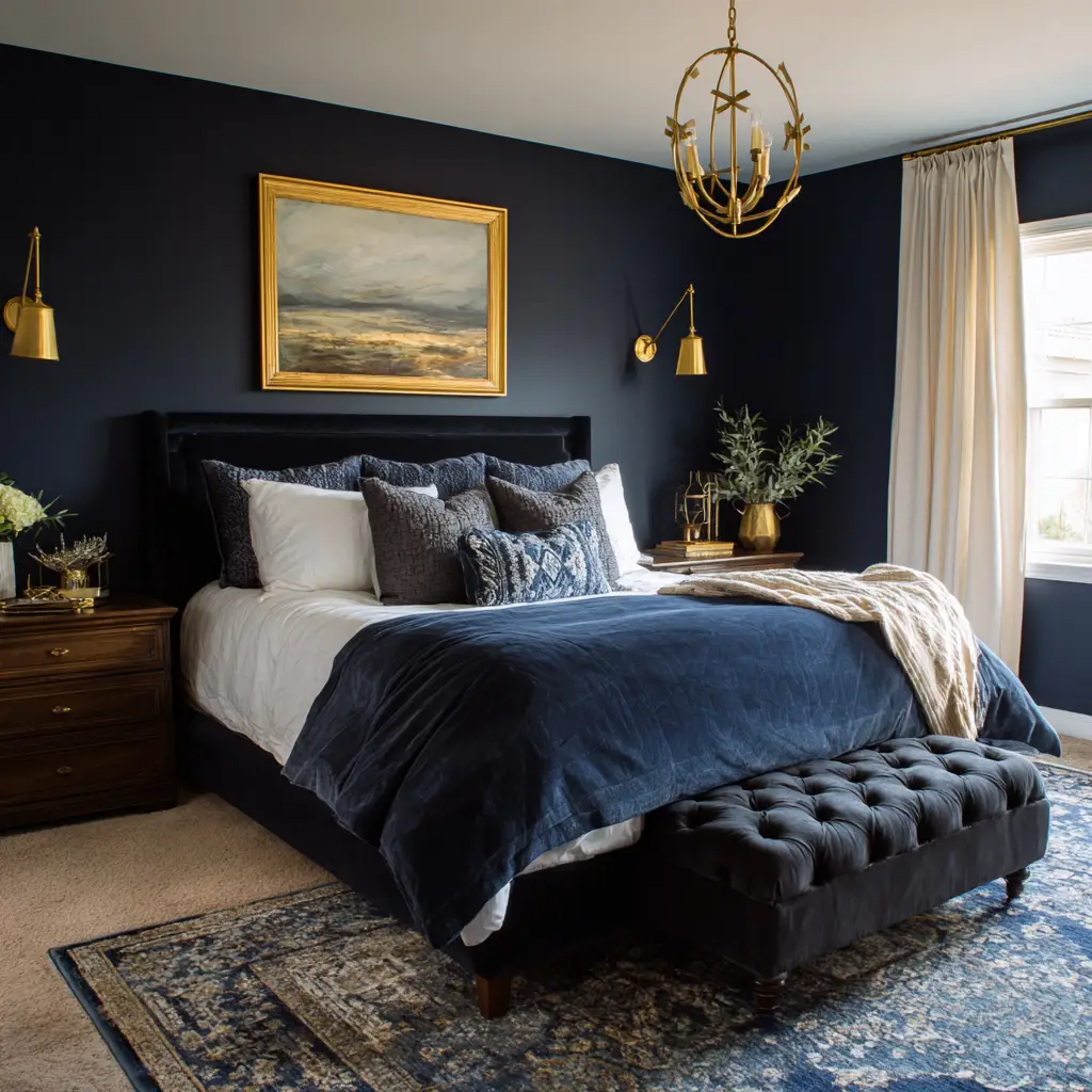 Deep Navy Walls with Brass Accents