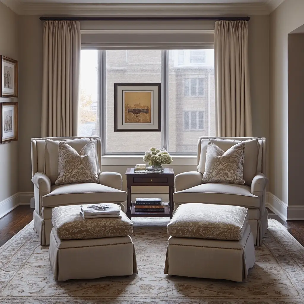 Four Club Chairs with Ottomans