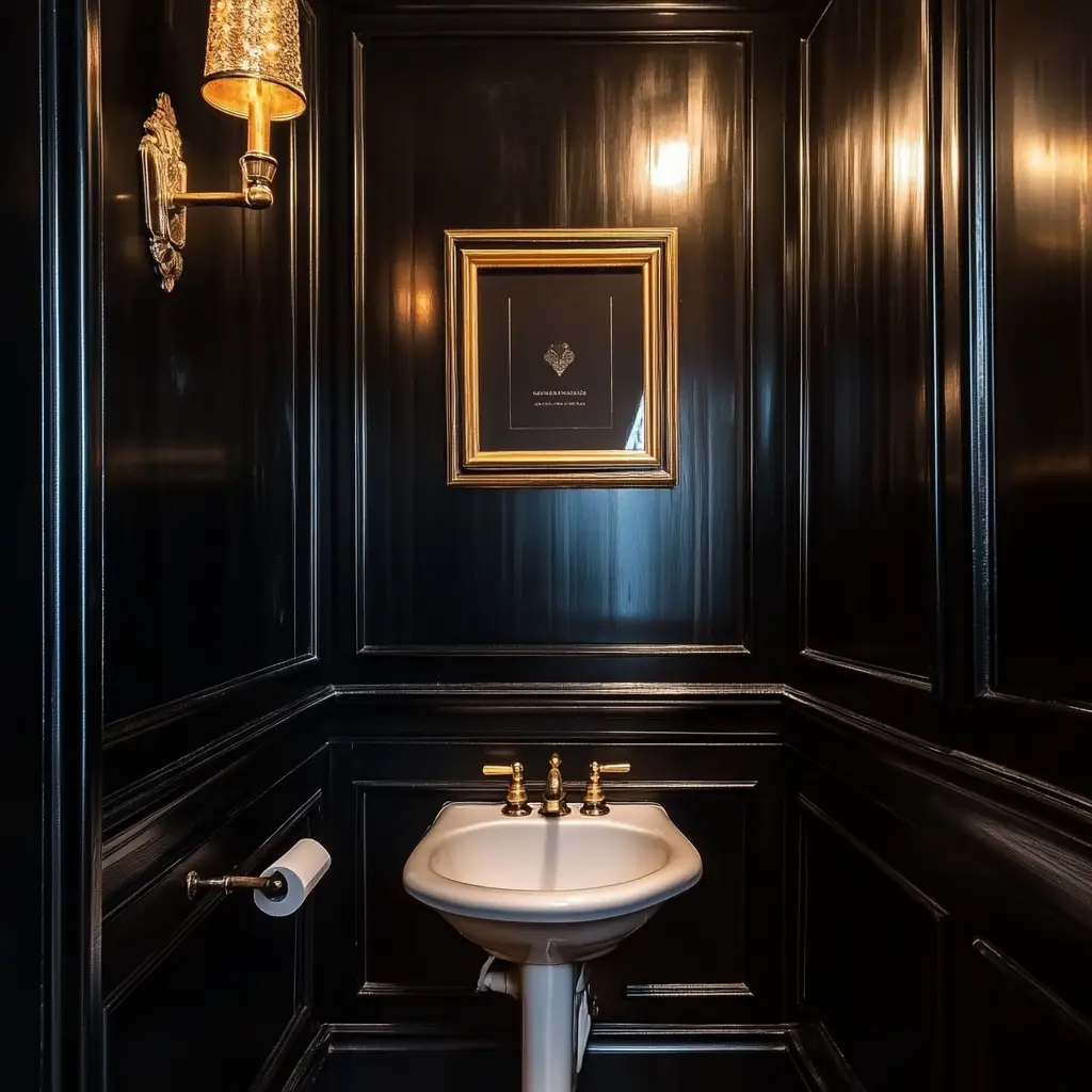 Moody Black Walls with Gold Fixtures