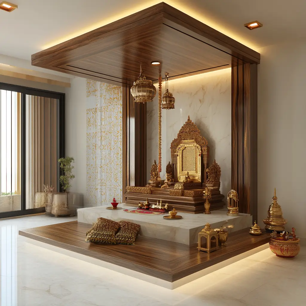 Open Floor Mandir with Brass Accents