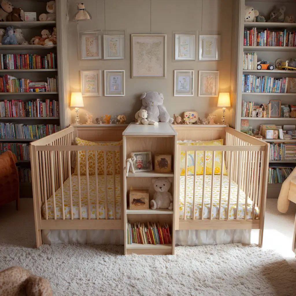 Use a Divider Shelf Between Cribs