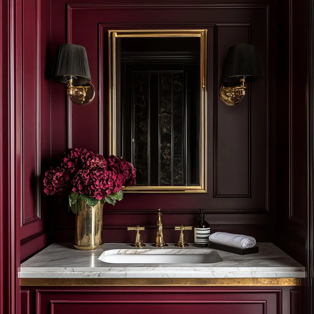 Wine-Toned Walls with Gold Trim