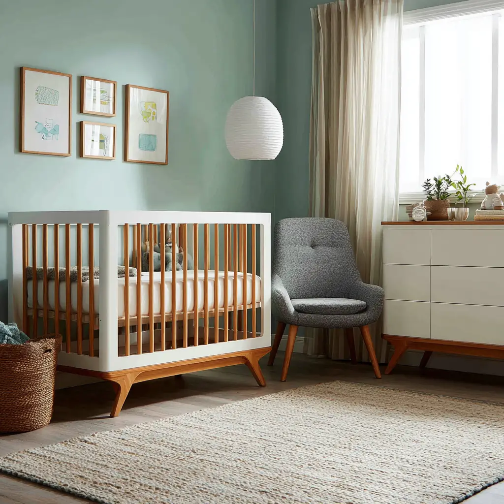 Wooden Crib and White Dresser
