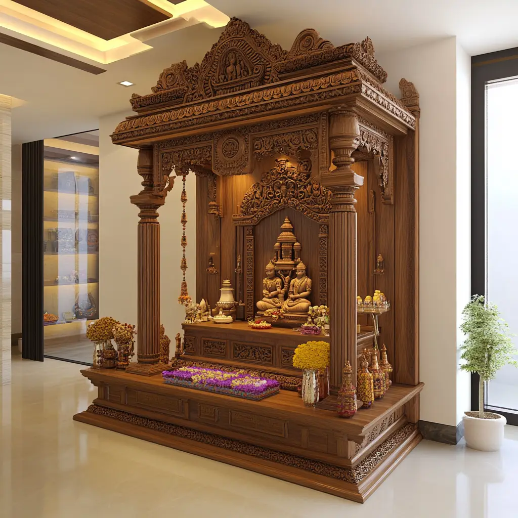Wooden Mandir with Intricate Carvings