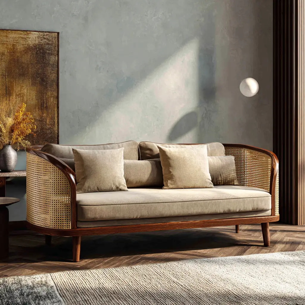 Cane and Wood Combo Sofa