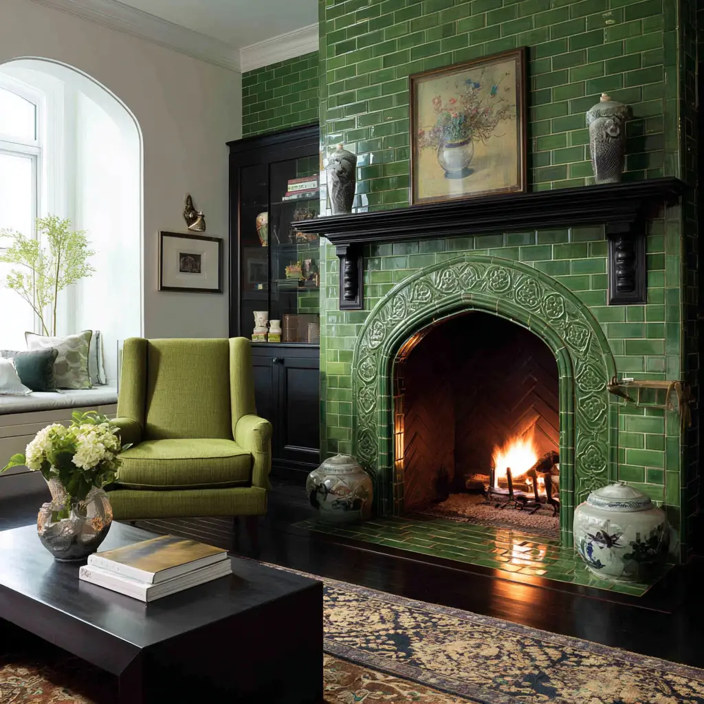 Fireplace with Green Tilework