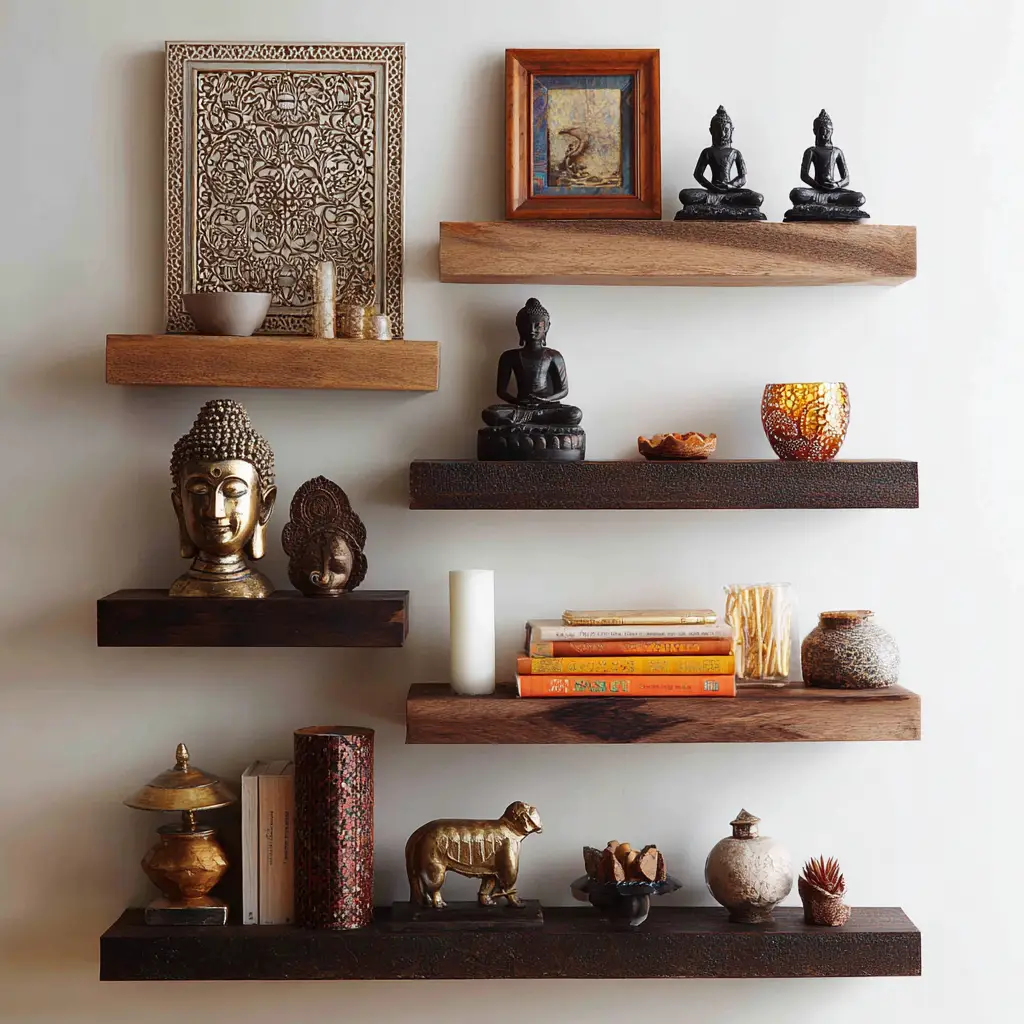 Floating Shelves with Indian Artifacts