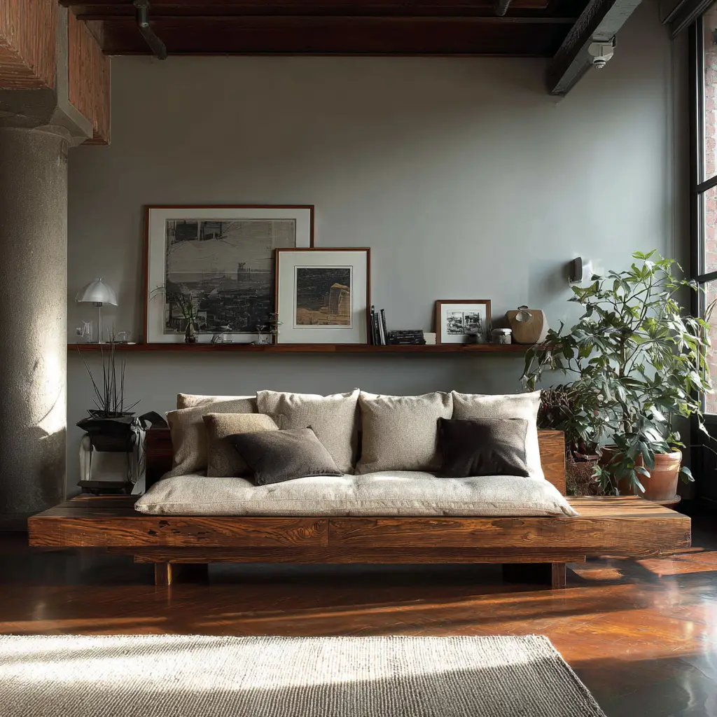 Floating Wall-Mounted Wooden Sofa