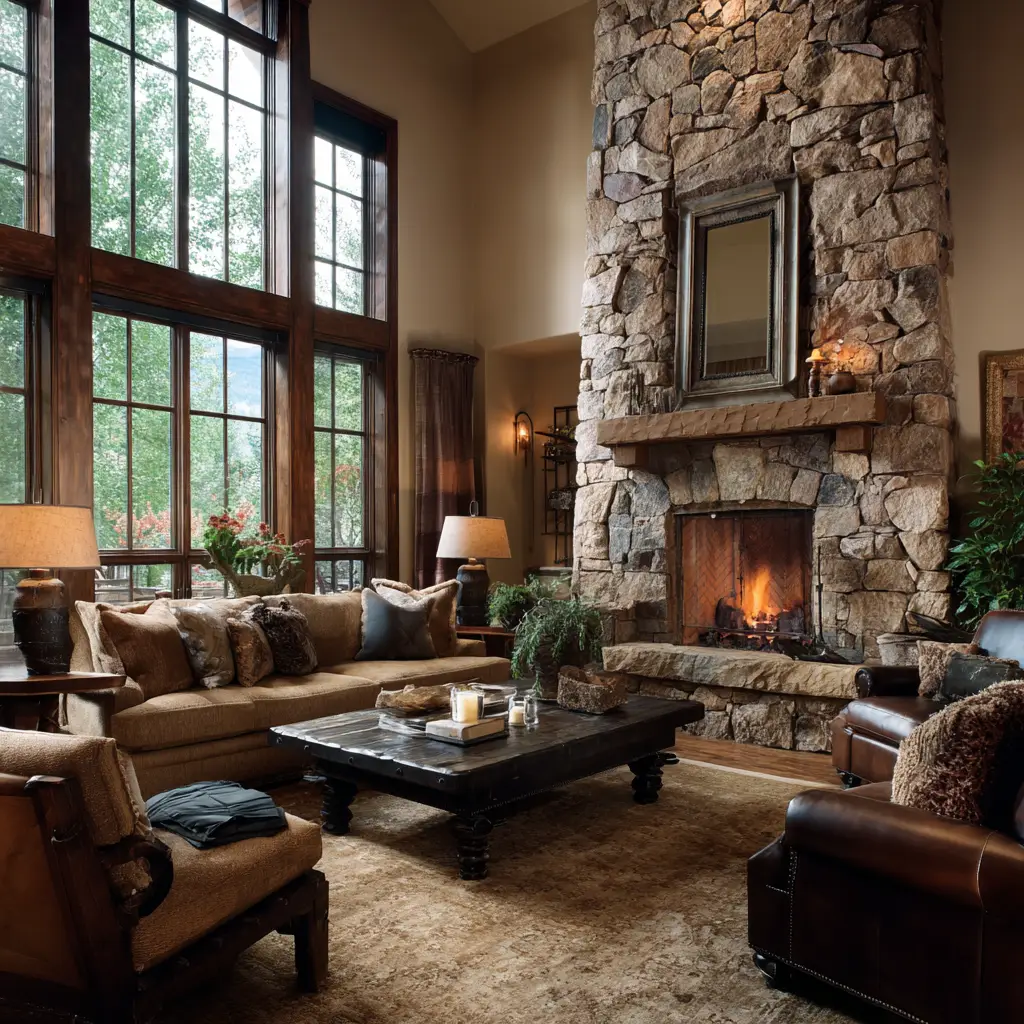 Floor-to-Ceiling Stone Fireplace
