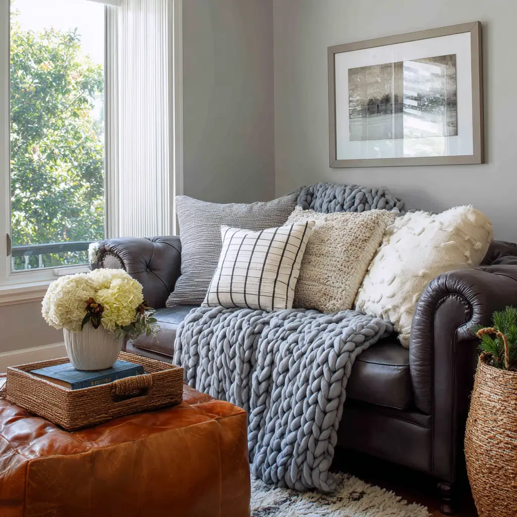 Layered Throw Pillows and Blankets