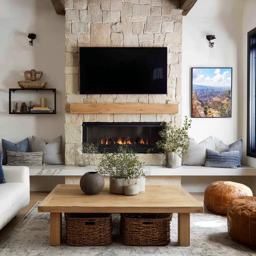 Let the TV Float Above a Fireplace Bench