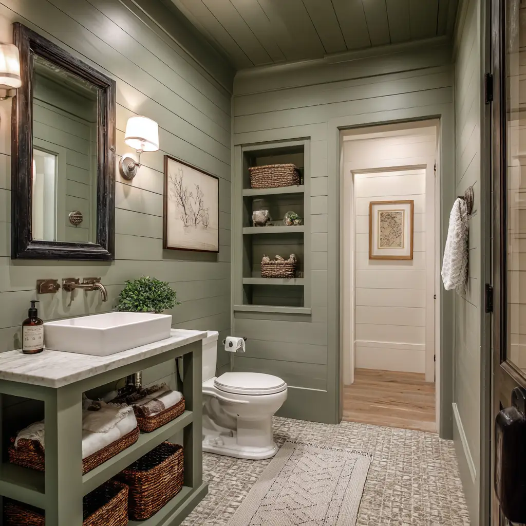 Olive Green Ceiling with White Shiplap Walls