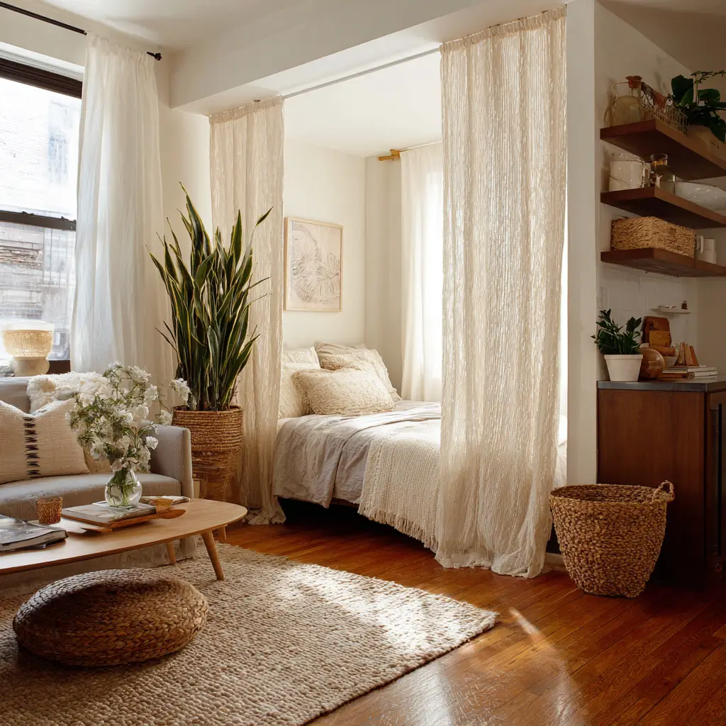 Use Curtain Panels to Divide a Studio Apartment