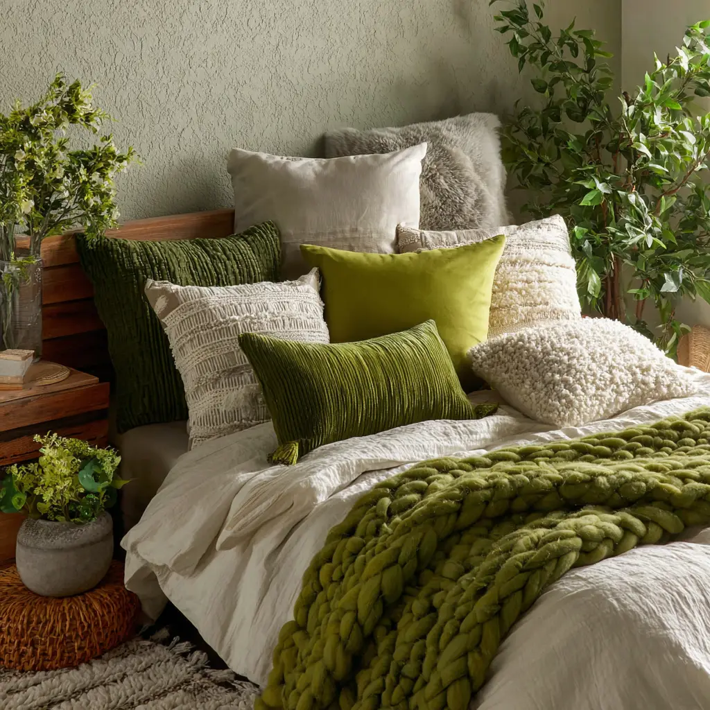 Use Green Throw Pillows to Layer Texture