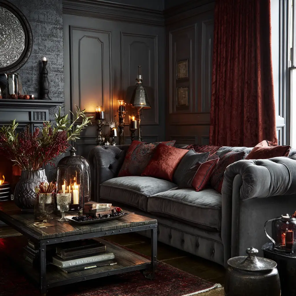Velvet Grey Sofa and Rich Fabrics