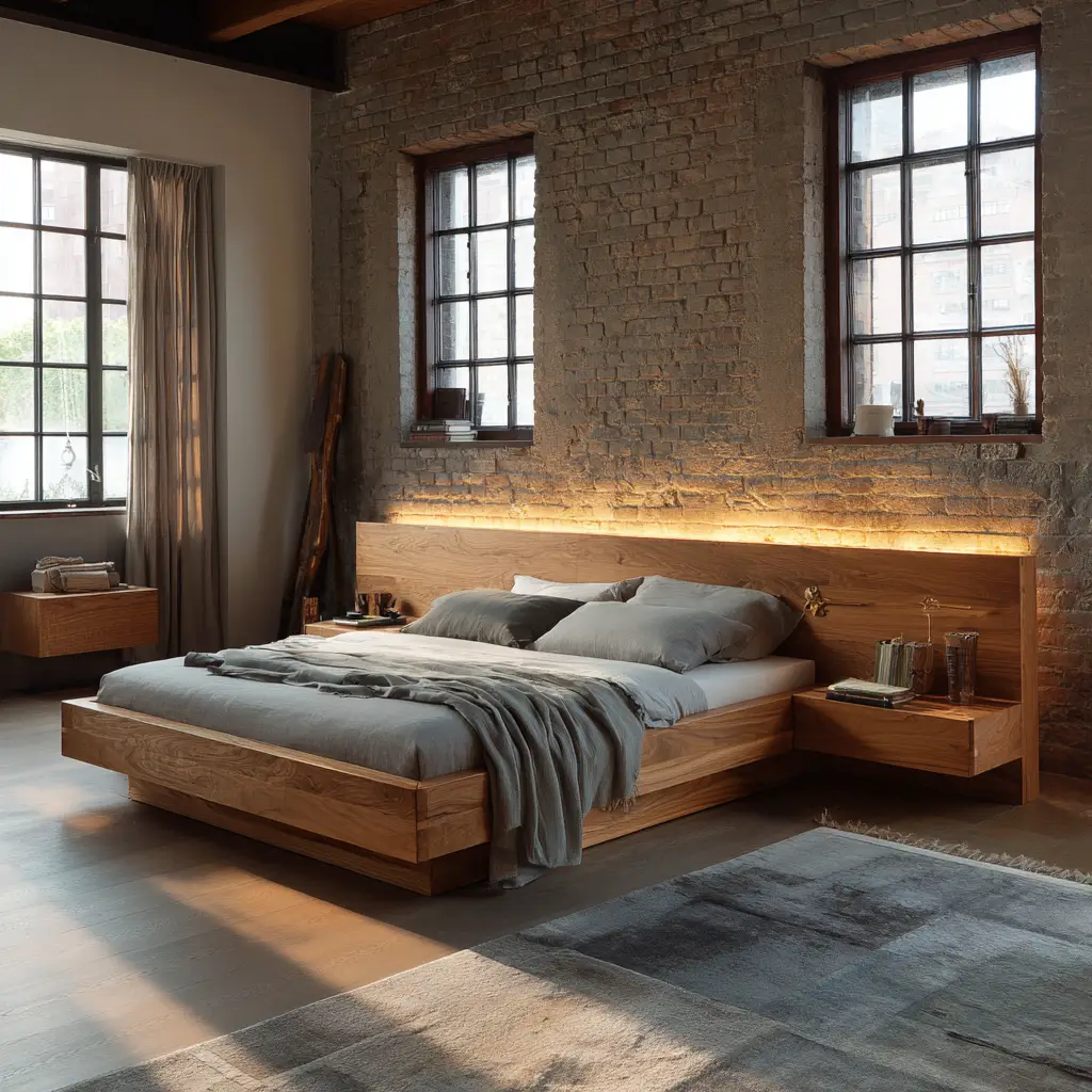 Wooden Bed Frame with Floating Nightstands