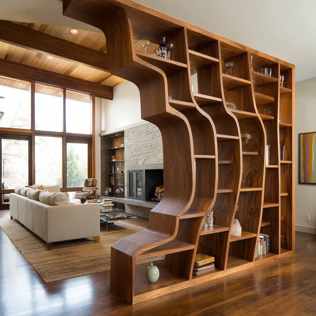 Wooden Room Divider with Shelves