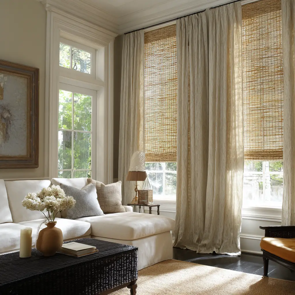 Bamboo or woven shades with curtains