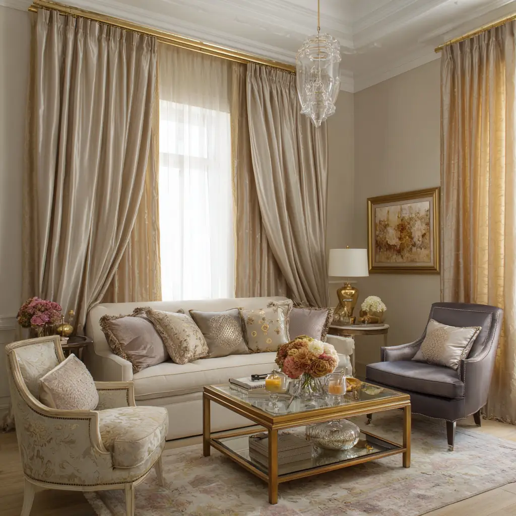 Beige Curtains with Gold Accents