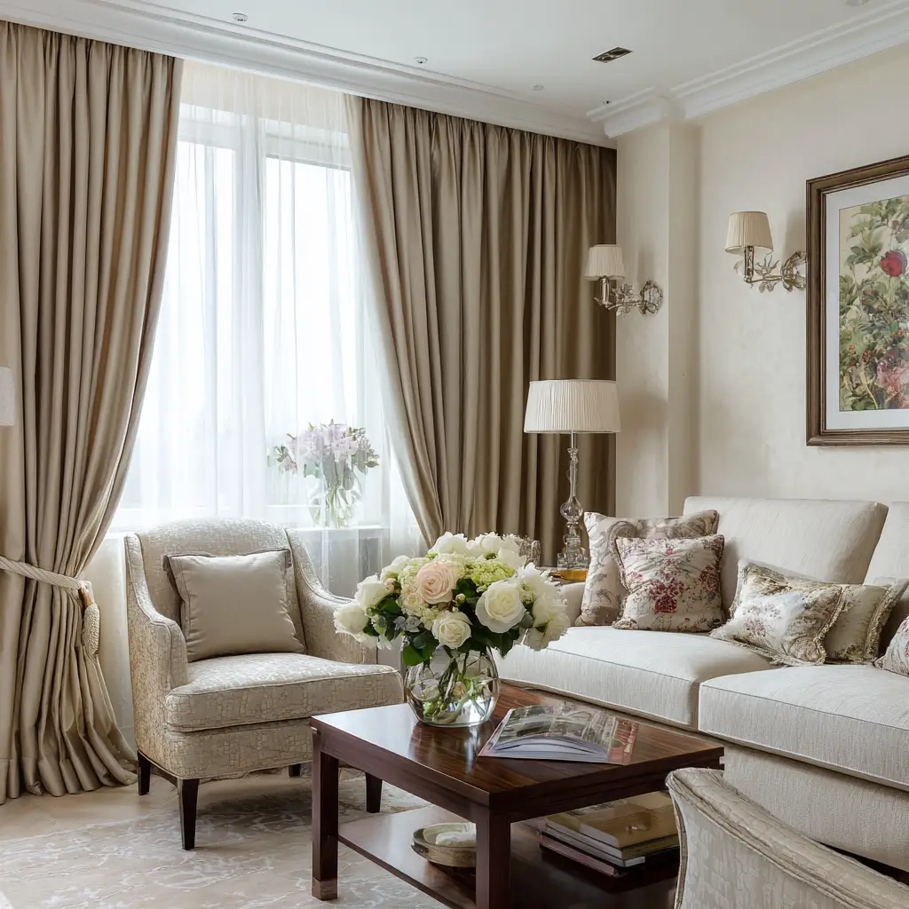 Beige Curtains with Tiebacks