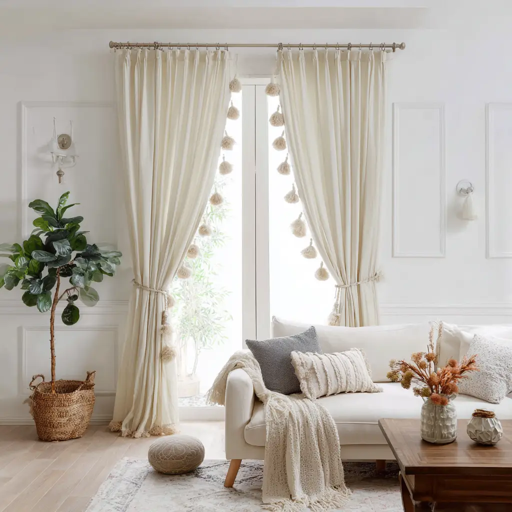 Curtain with tassels or pom-poms