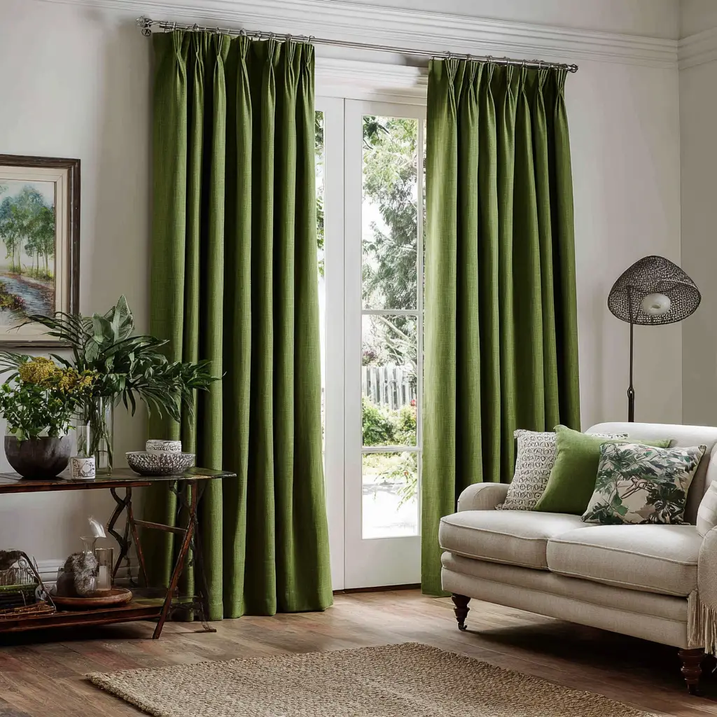 Dark Green Linen Blend Curtains
