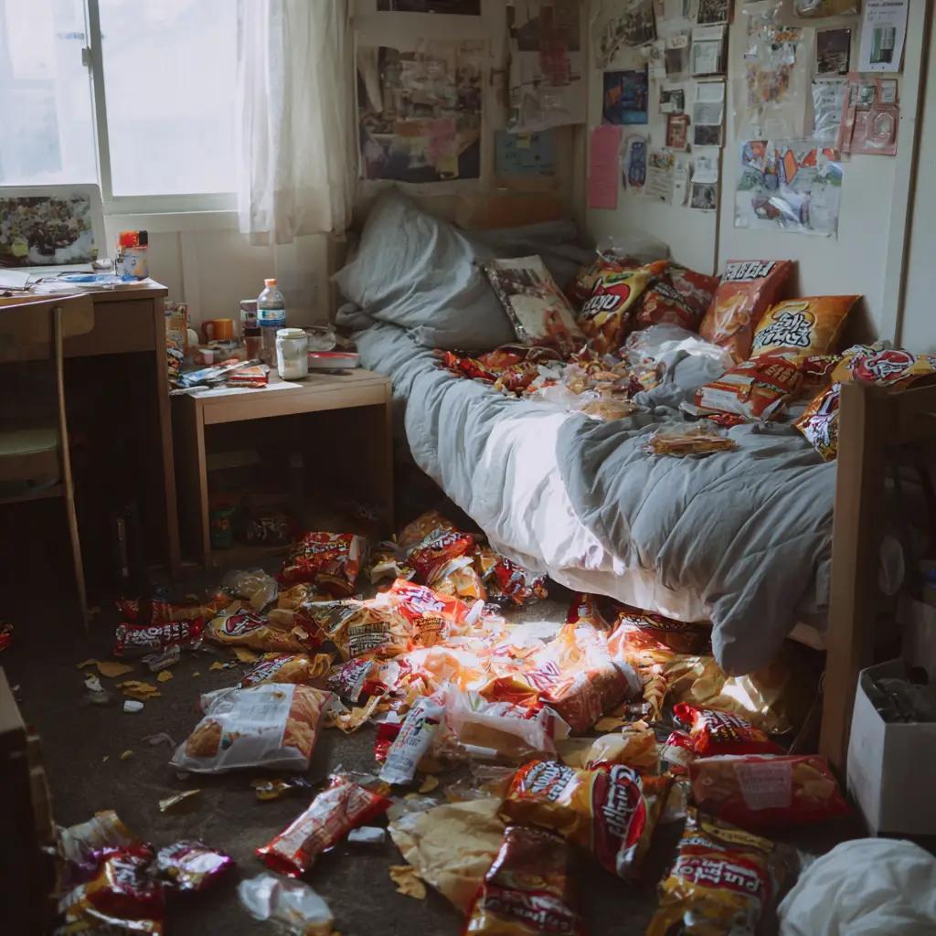 Empty Cups, Bottles, and Snack Wrappers