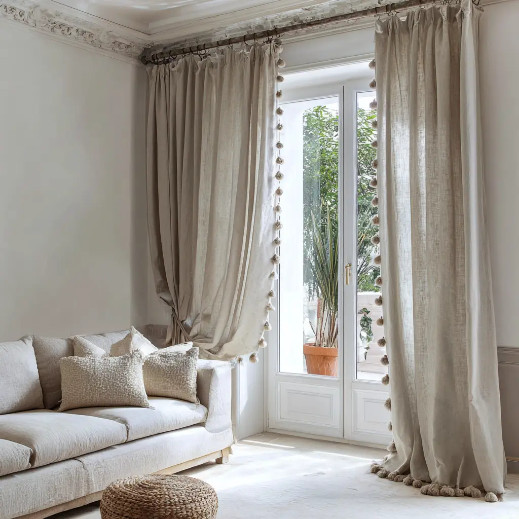 Linen Curtains with Pom Pom Trim