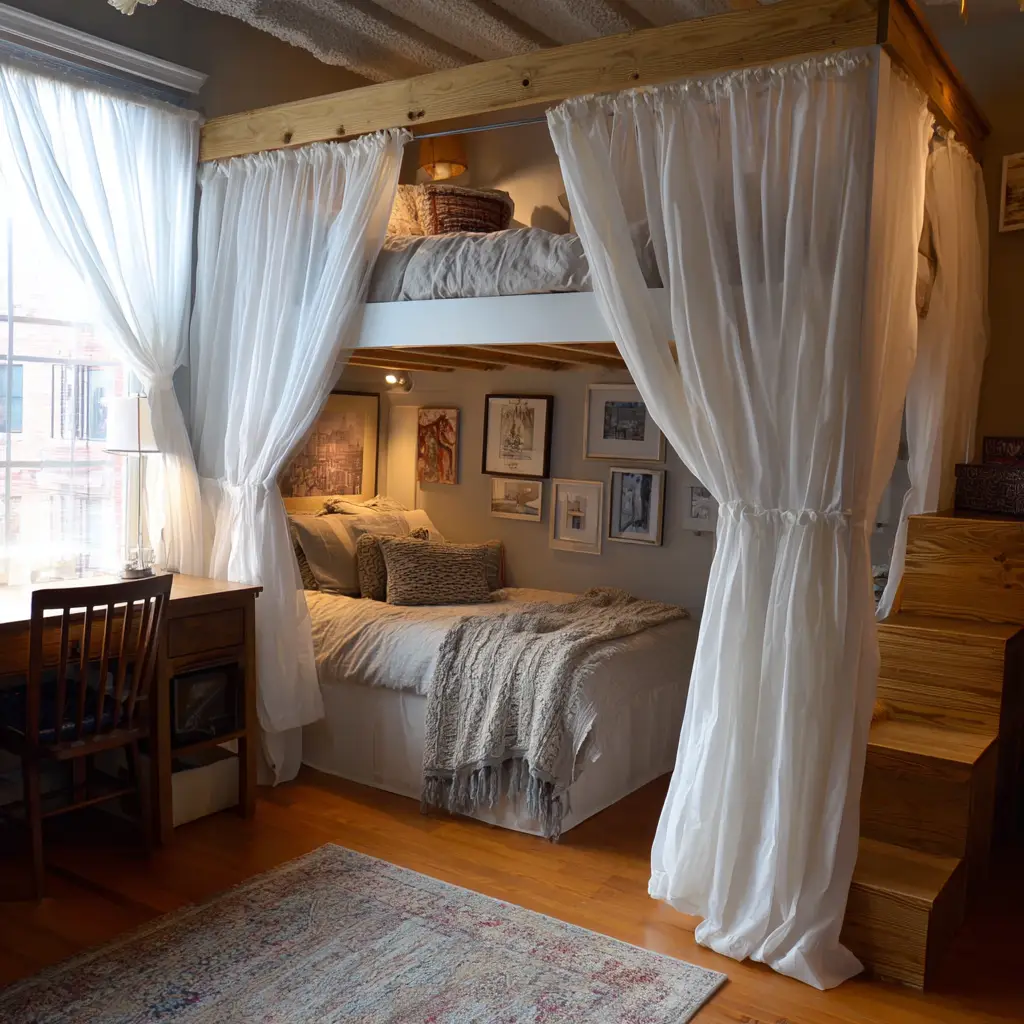 Loft Bed with Curtains for Privacy