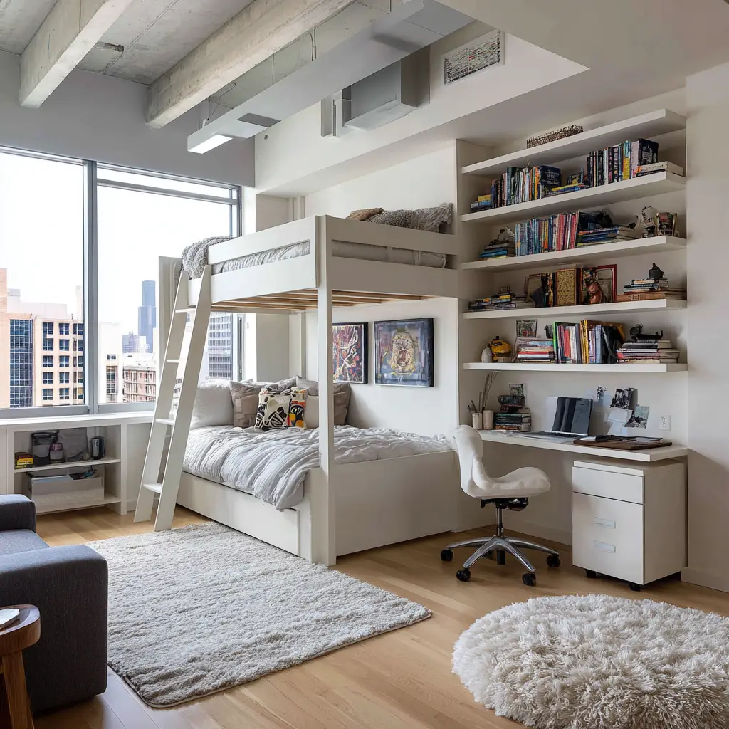 Loft Bed with a Workspace and Shelves