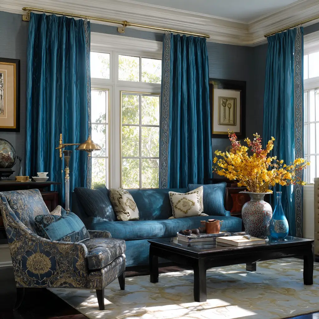 Peacock Blue Silk Drapes