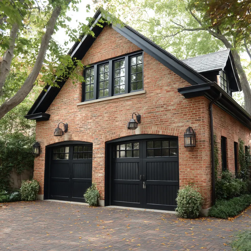 Brick Garage with Black Trim