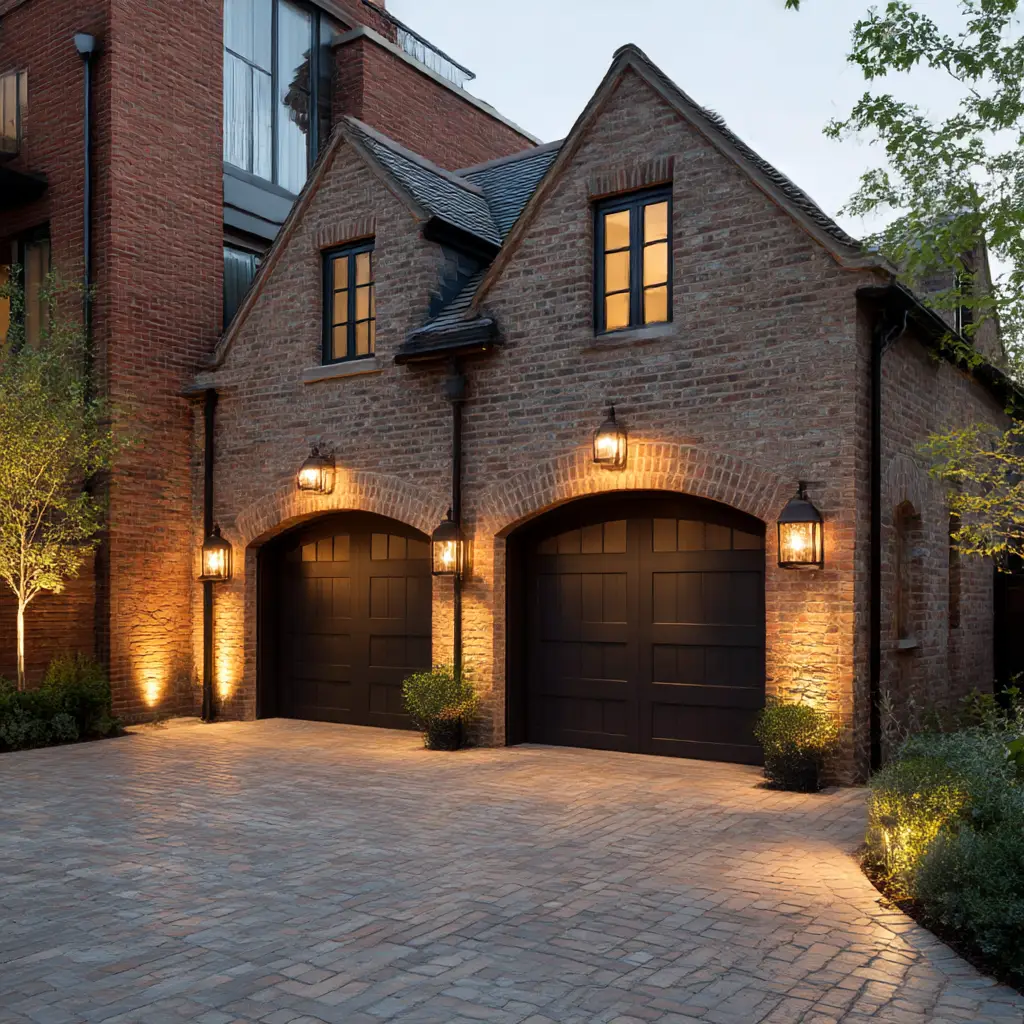 Brick Garage with Outdoor Lighting