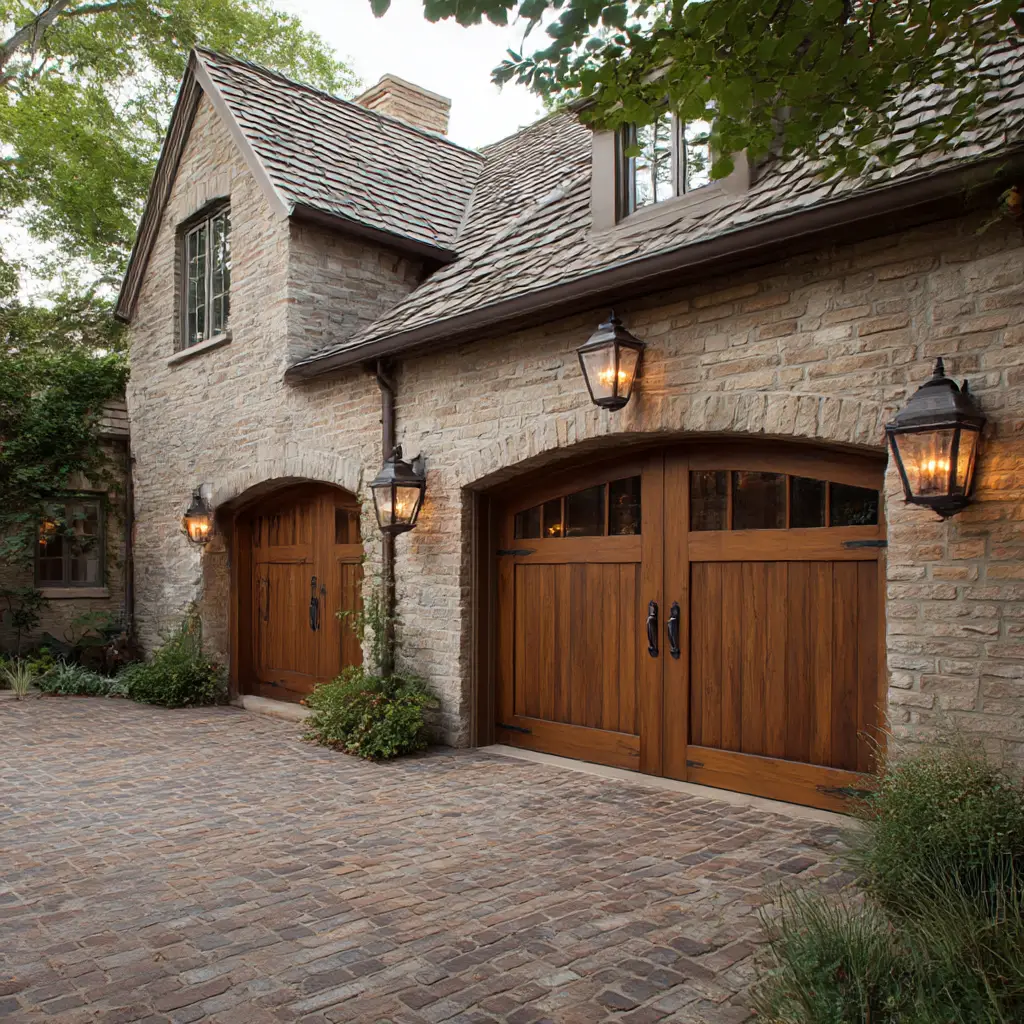 Brick with Wooden Garage Doors