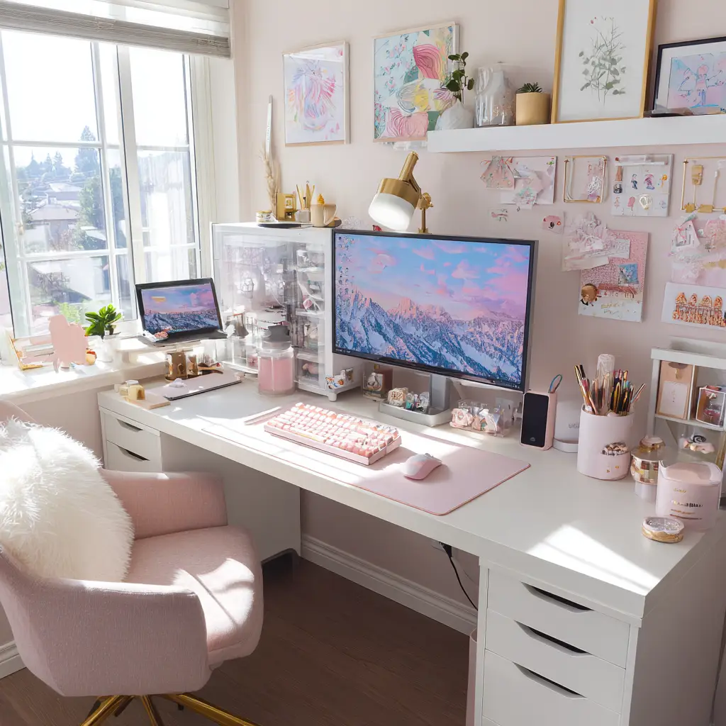 Clean Pink Desk Setup