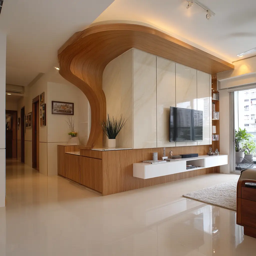 Curved Partition with Storage Cabinets