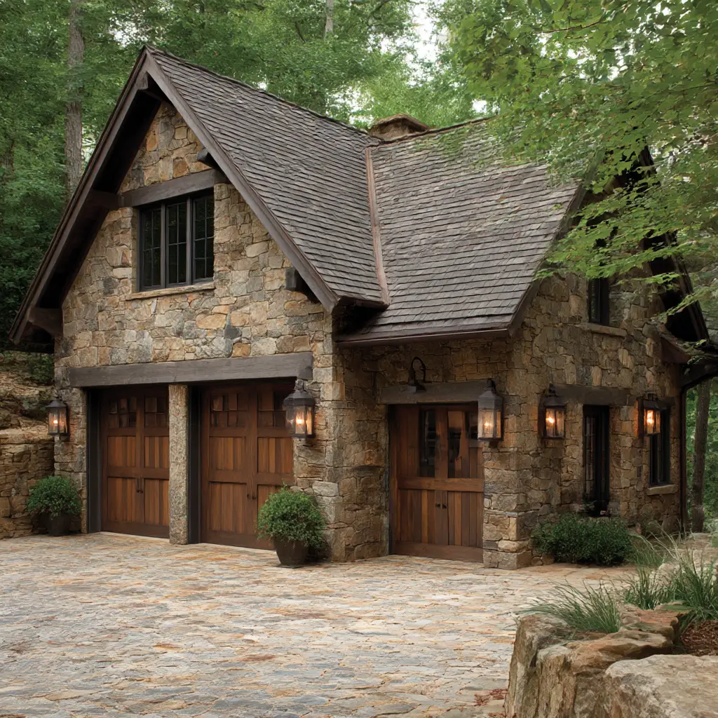 Detached Garage with Rustic Stone Exterior