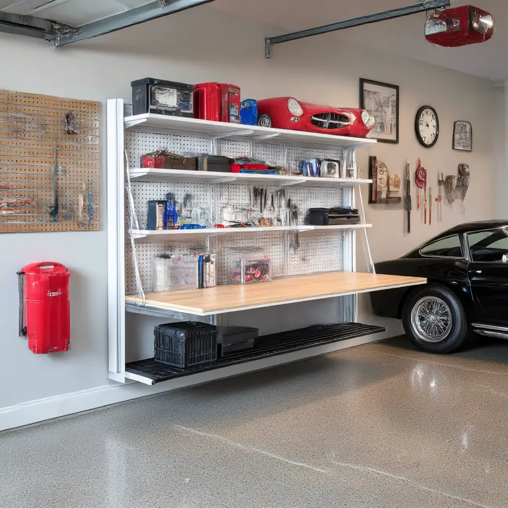 Fold-down wall shelves