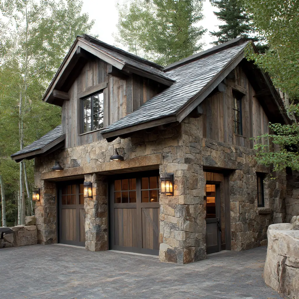 Garage with Rustic Stone Exterior