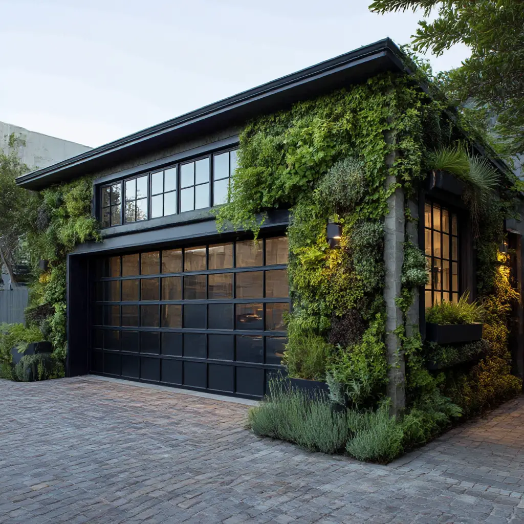 Green garage with plants