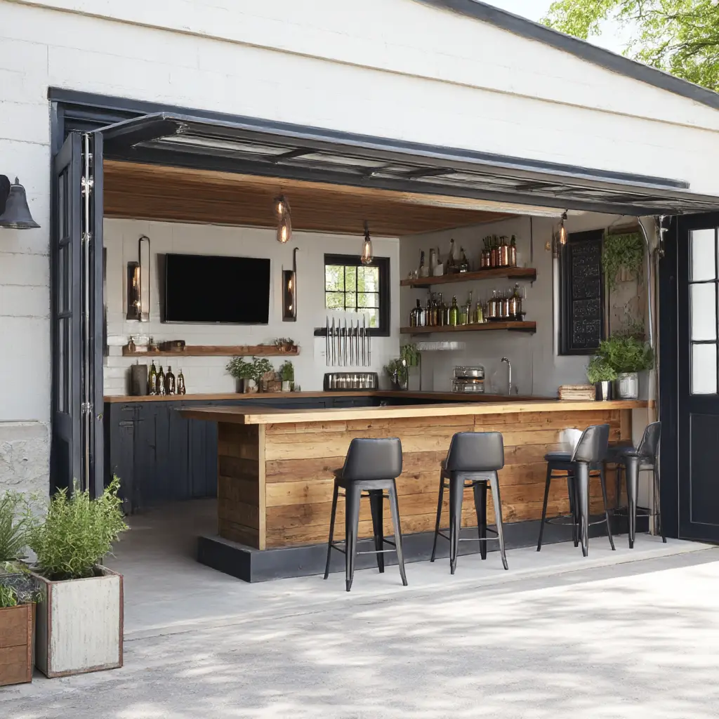 Outdoor-Style Bar with Garage Door Open