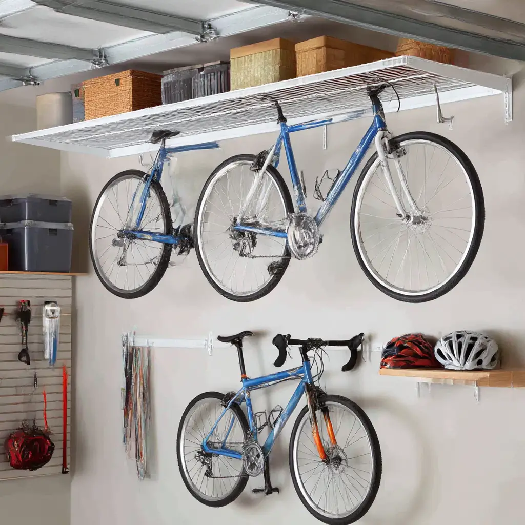 Overhead storage racks with adjustable hooks